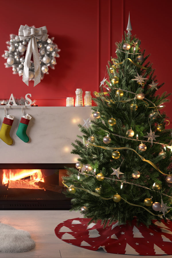 Kırmızı Beyaz Çam Ağacı Desenli Yılbaşı Çam Ağacı Örtüsü