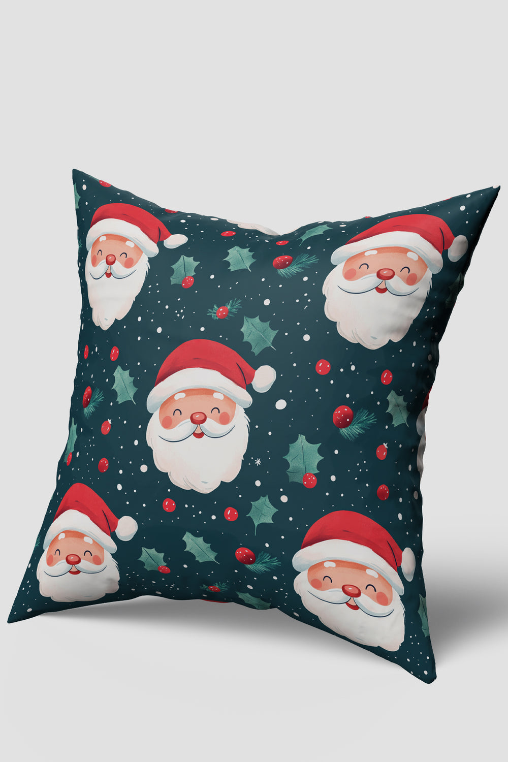 Noel Temalı Yeşil Holly Yaprakları Desenli Yılbaşı Kırlent Kılıfı