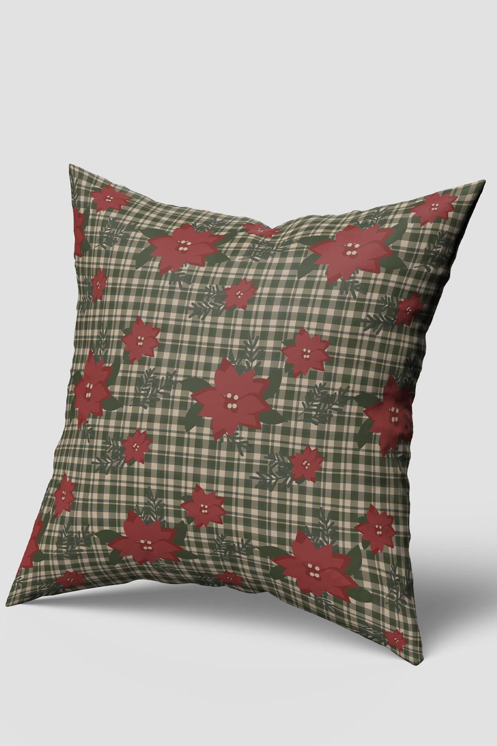 Yeşil Ekose Poinsettia Çiçek Desenli Yılbaşı Kırlent Kılıfı