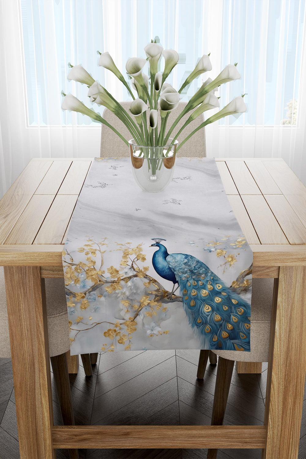 Mavi Tropikal Tavuskuşu Desenli Runner 40x220cm