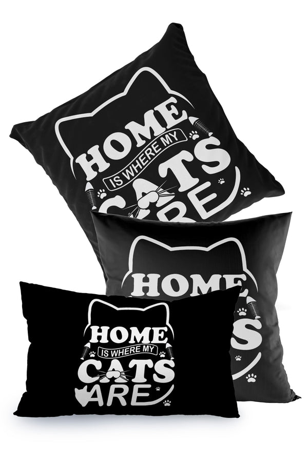 Siyah Beyaz Home Yazılı Kedi Desenli Kırlent Kılıfı