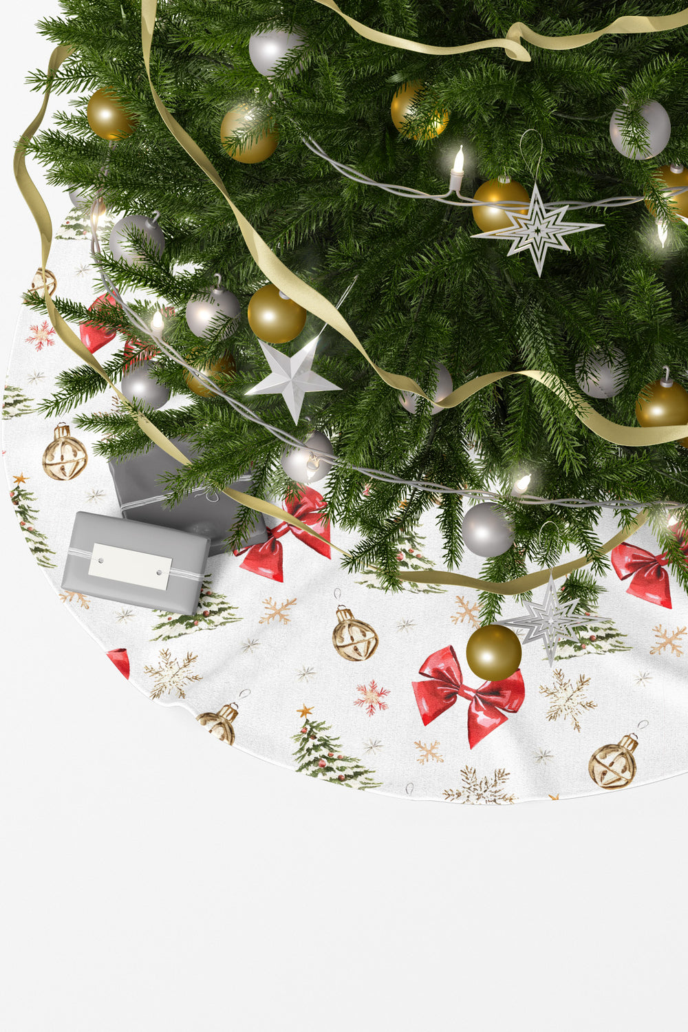 Kırmızı Fiyonk ve Çam Ağacı Desenli Yılbaşı Çam Ağacı Örtüsü