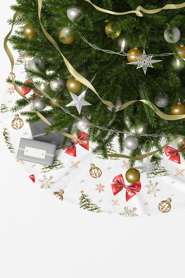 Kırmızı Fiyonk ve Çam Ağacı Desenli Yılbaşı Çam Ağacı Örtüsü
