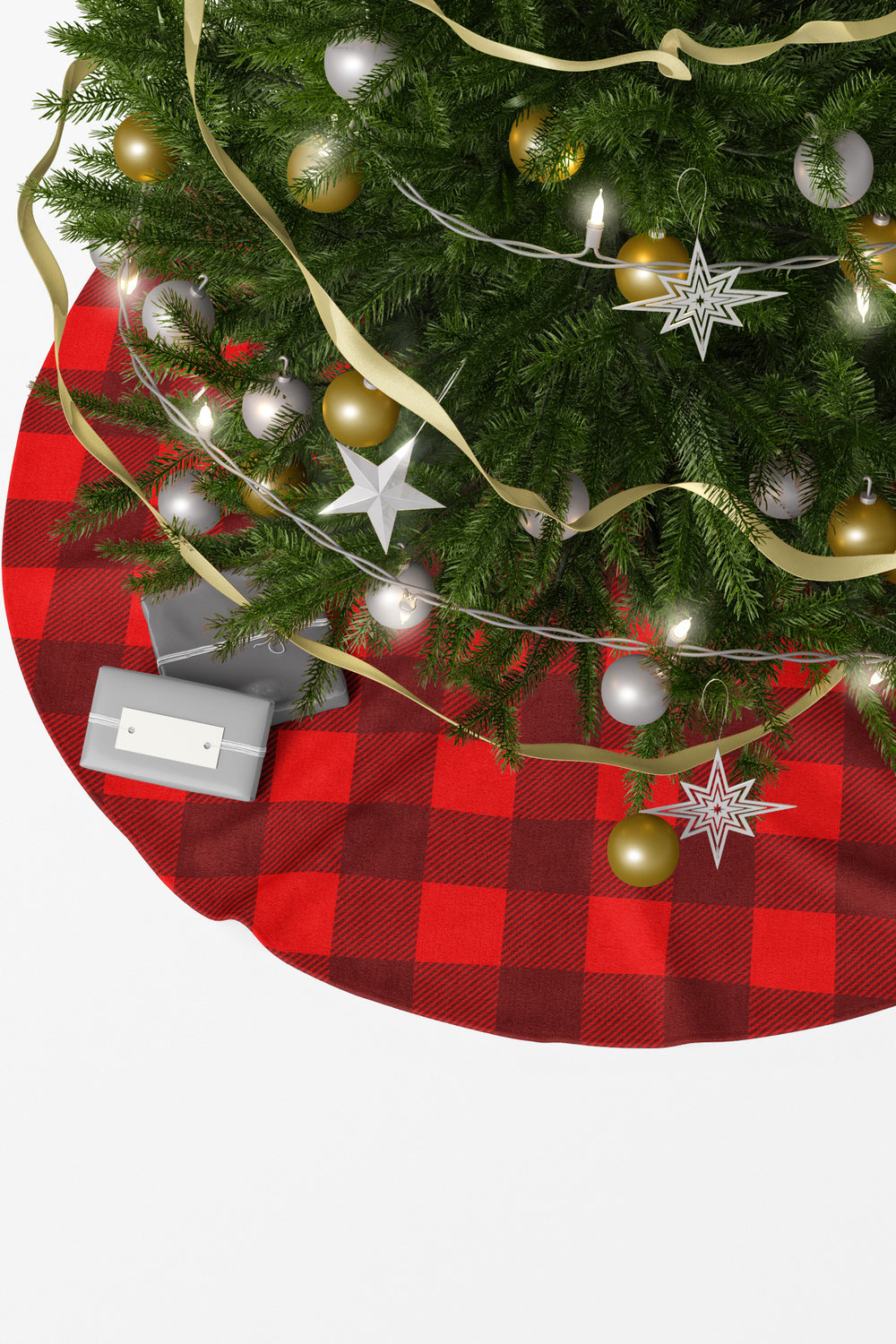 Kırmızı Ekose Desenli Yılbaşı Çam Ağacı Örtüsü