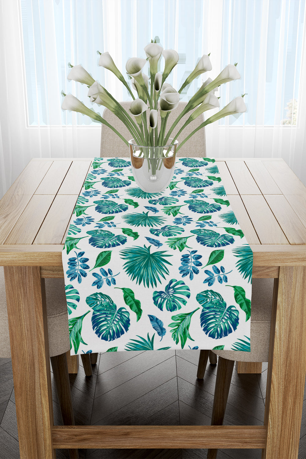 Beyaz Yeşil Tropikal Yaprak Desenli Runner 40X220
