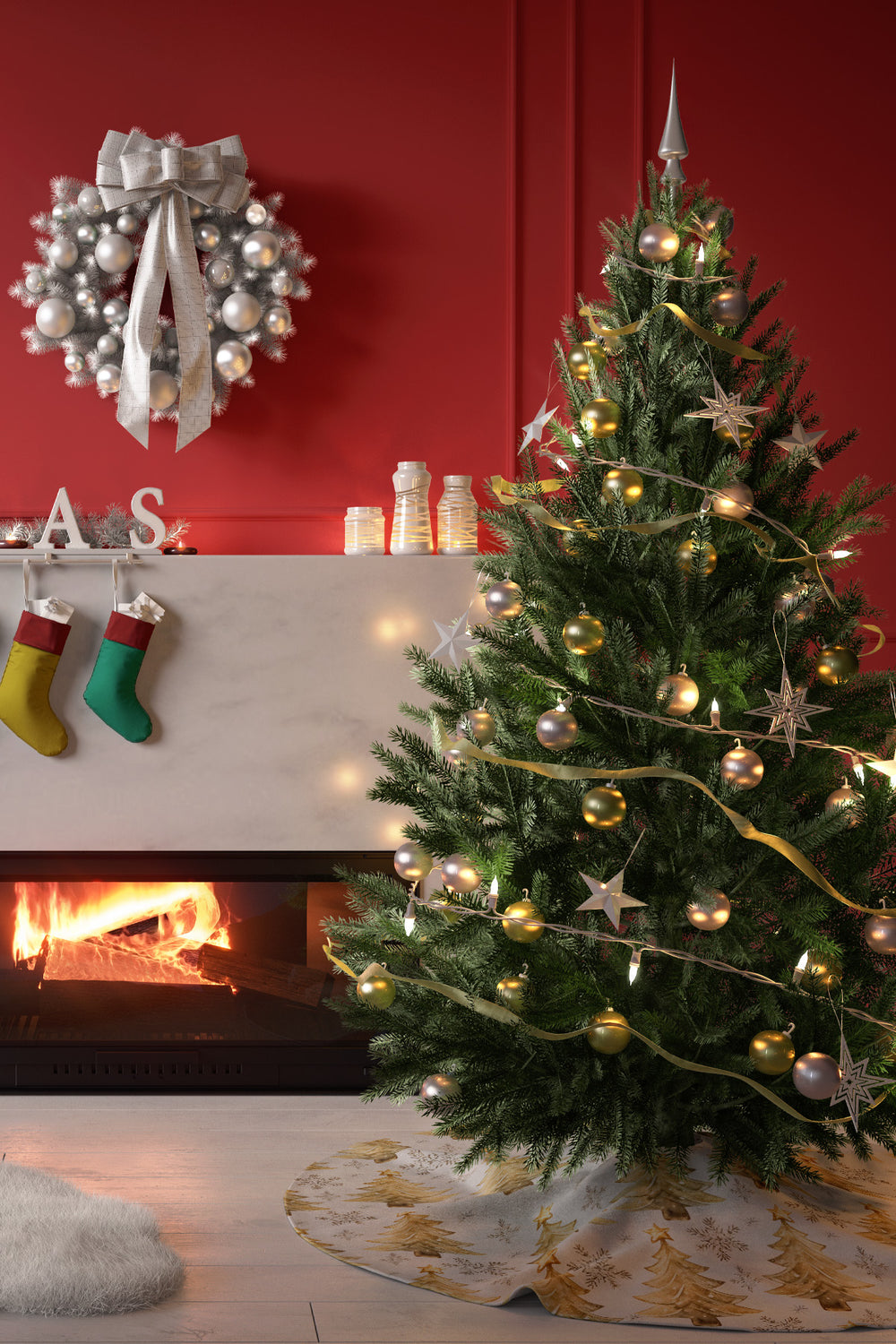 Beyaz Işıltılı Sarı Çam Ağacı ve Kar Taneleri Desenli Yılbaşı Çam Ağacı Örtüsü