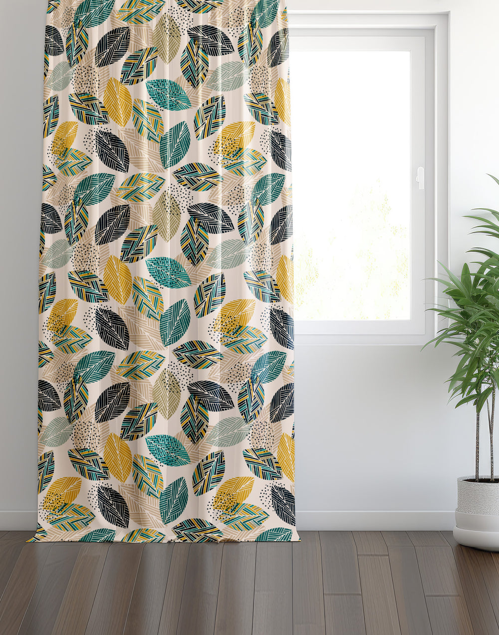 Yeşil Sarı Yaprak Desenli Modern Fon Perde