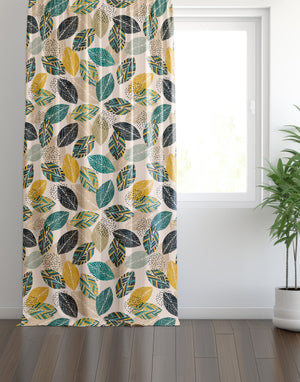 Yeşil Sarı Yaprak Desenli Modern Fon Perde