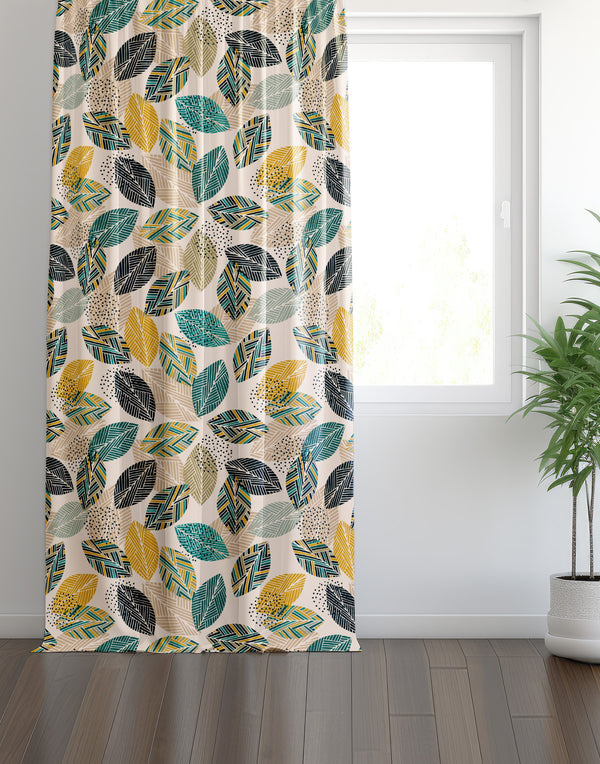 Yeşil Sarı Yaprak Desenli Modern Fon Perde