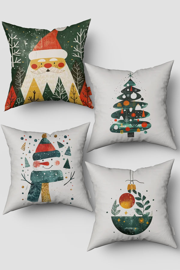 Noel Temalı Yeşil Çam Ağacı ve Kardan Adam Yılbaşı 4'lü Kırlent Kılıfı Seti