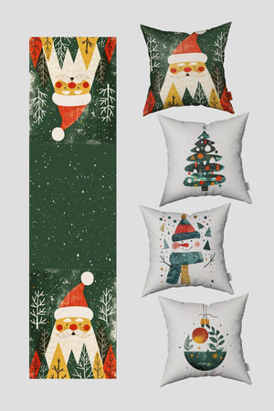 Noel Temalı Yeşil Çam Ağacı ve Kardan Adam Yılbaşı 4 Kırlent Kılıfı 1 Runner Seti