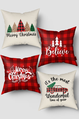 Noel Temalı Kırmızı Bej Ekose ve Çam Ağacı Yılbaşı 4'lü Kırlent Kılıfı Seti