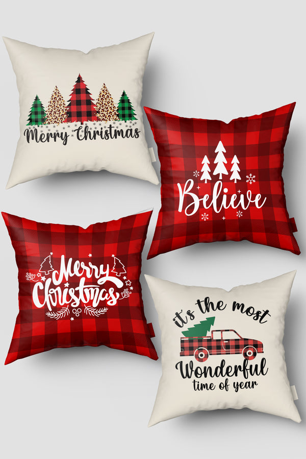 Noel Temalı Kırmızı Bej Ekose ve Çam Ağacı Yılbaşı 4'lü Kırlent Kılıfı Seti