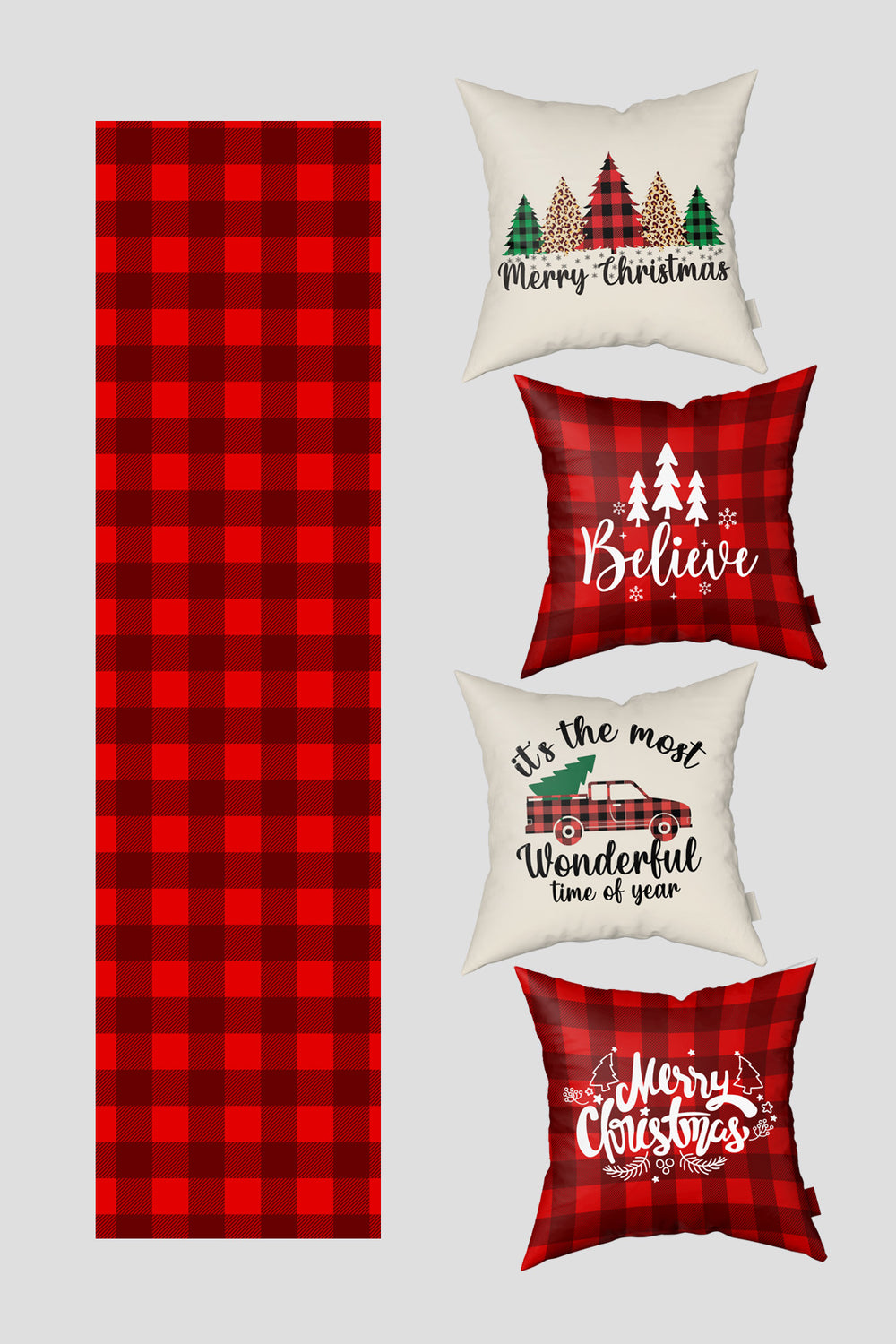 Noel Temalı Kırmızı Bej Ekose ve Çam Ağacı Yılbaşı 4 Kırlent Kılıfı 1 Runner Seti