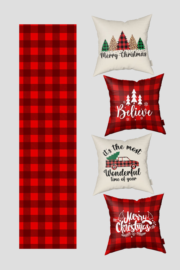 Noel Temalı Kırmızı Bej Ekose ve Çam Ağacı Yılbaşı 4 Kırlent Kılıfı 1 Runner Seti