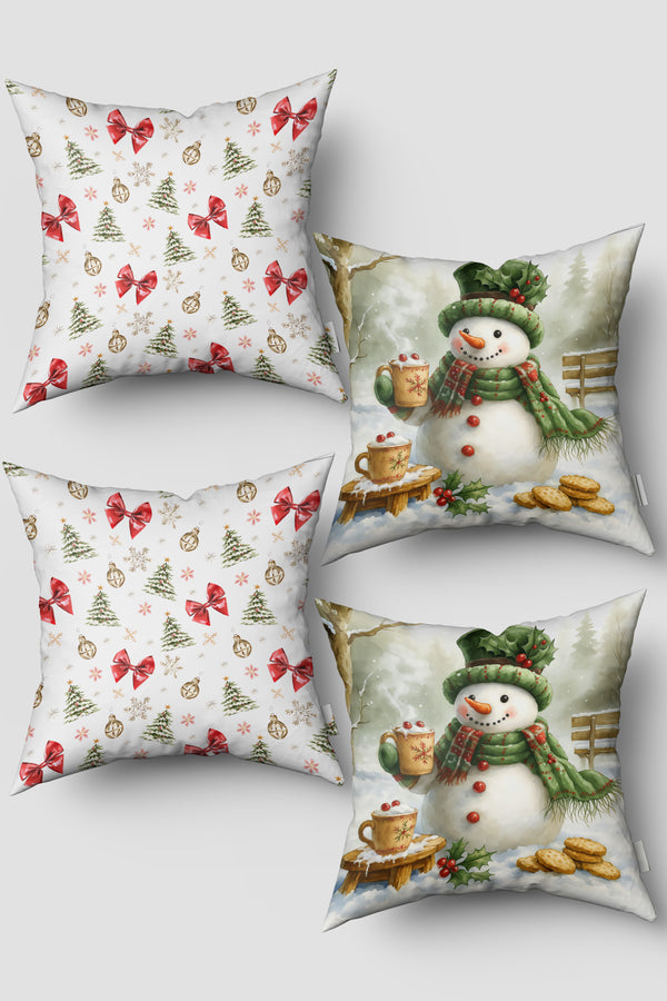 Noel Temalı Kardan Adam ve Kırmızı Fiyonk Yılbaşı 4'lü Kırlent Kılıfı Seti
