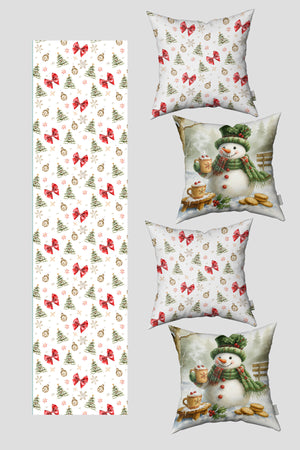 Noel Temalı Kardan Adam ve Kırmızı Fiyonk Yılbaşı 4 Kırlent Kılıfı 1 Runner Seti