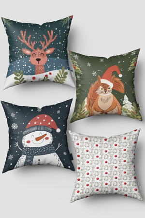 Noel Temalı Koyu Mavi Yeşil Sevimli Yılbaşı Figürlü 4'lü Kırlent Kılıfı Seti