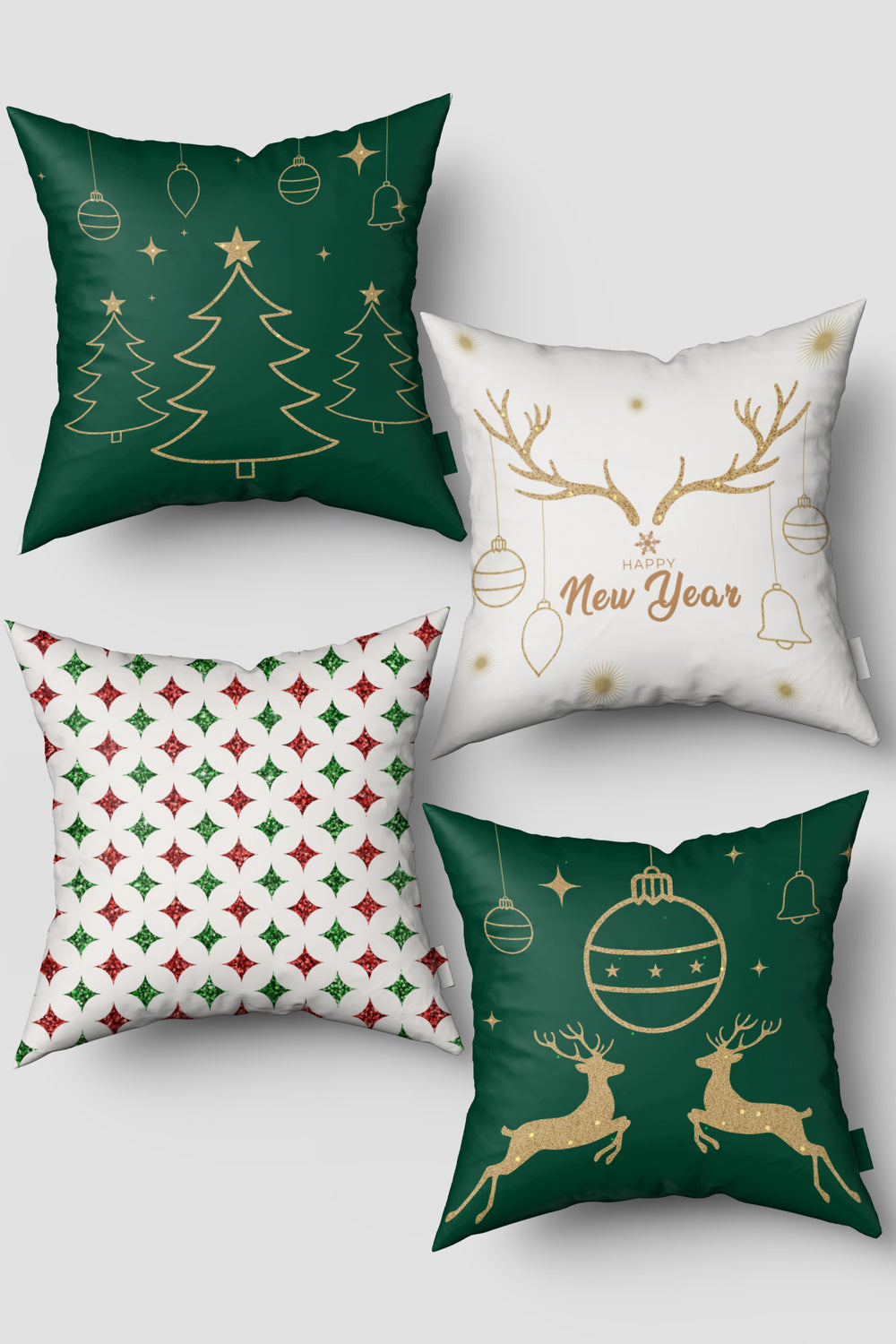 Yeşil Beyaz Çam Ağacı ve Ren Geyiği Yılbaşı 4'lü kırlent Kılıfı Seti