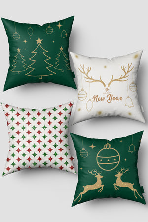 Yeşil Beyaz Çam Ağacı ve Ren Geyiği Yılbaşı 4'lü kırlent Kılıfı Seti