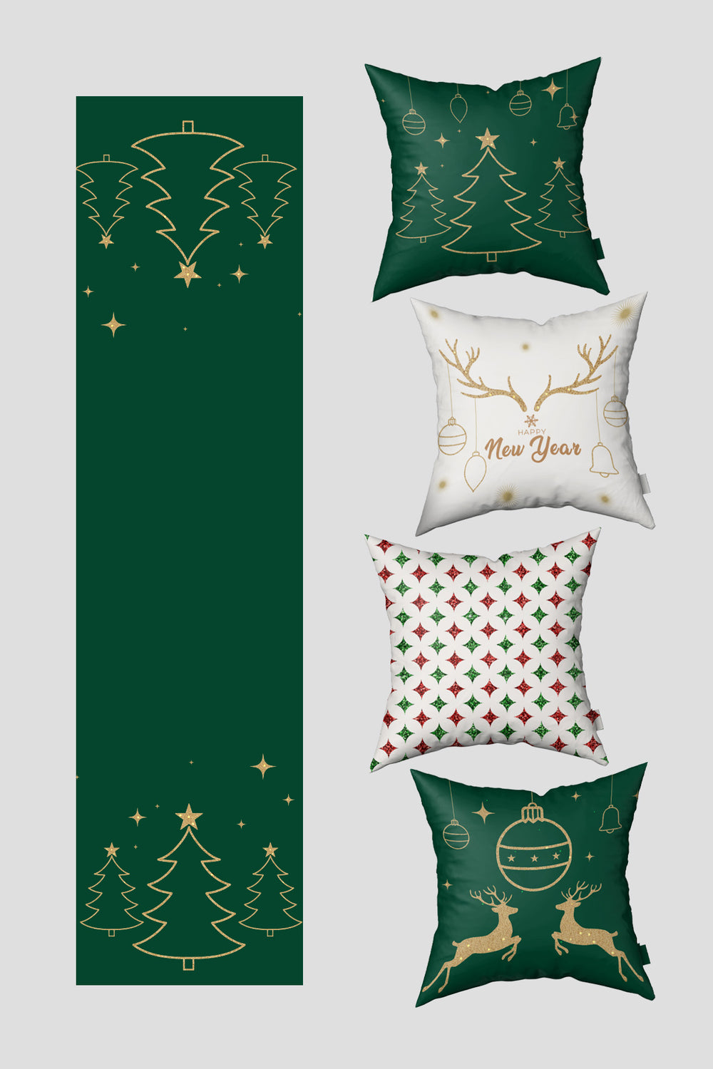Noel Temalı Yeşil Beyaz Çam Ağacı ve Ren Geyiği Yılbaşı 4 Kırlent Kılıfı 1 Runner Seti