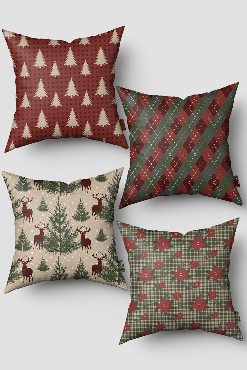 Bordo Yeşil Çam Ağacı ve Poinsettia Çiçeği Yılbaşı 4'lü Kırlent Kılıfı Seti