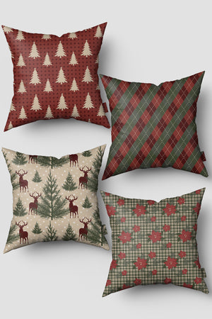 Bordo Yeşil Çam Ağacı ve Poinsettia Çiçeği Yılbaşı 4'lü Kırlent Kılıfı Seti