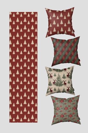 Bordo Yeşil Çam Ağacı ve Poinsettia Çiçeği Yılbaşı 4 Kırlent Kılıfı 1 Runner Seti