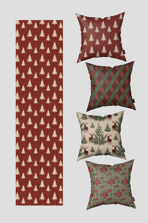 Bordo Yeşil Çam Ağacı ve Poinsettia Çiçeği Yılbaşı 4 Kırlent Kılıfı 1 Runner Seti