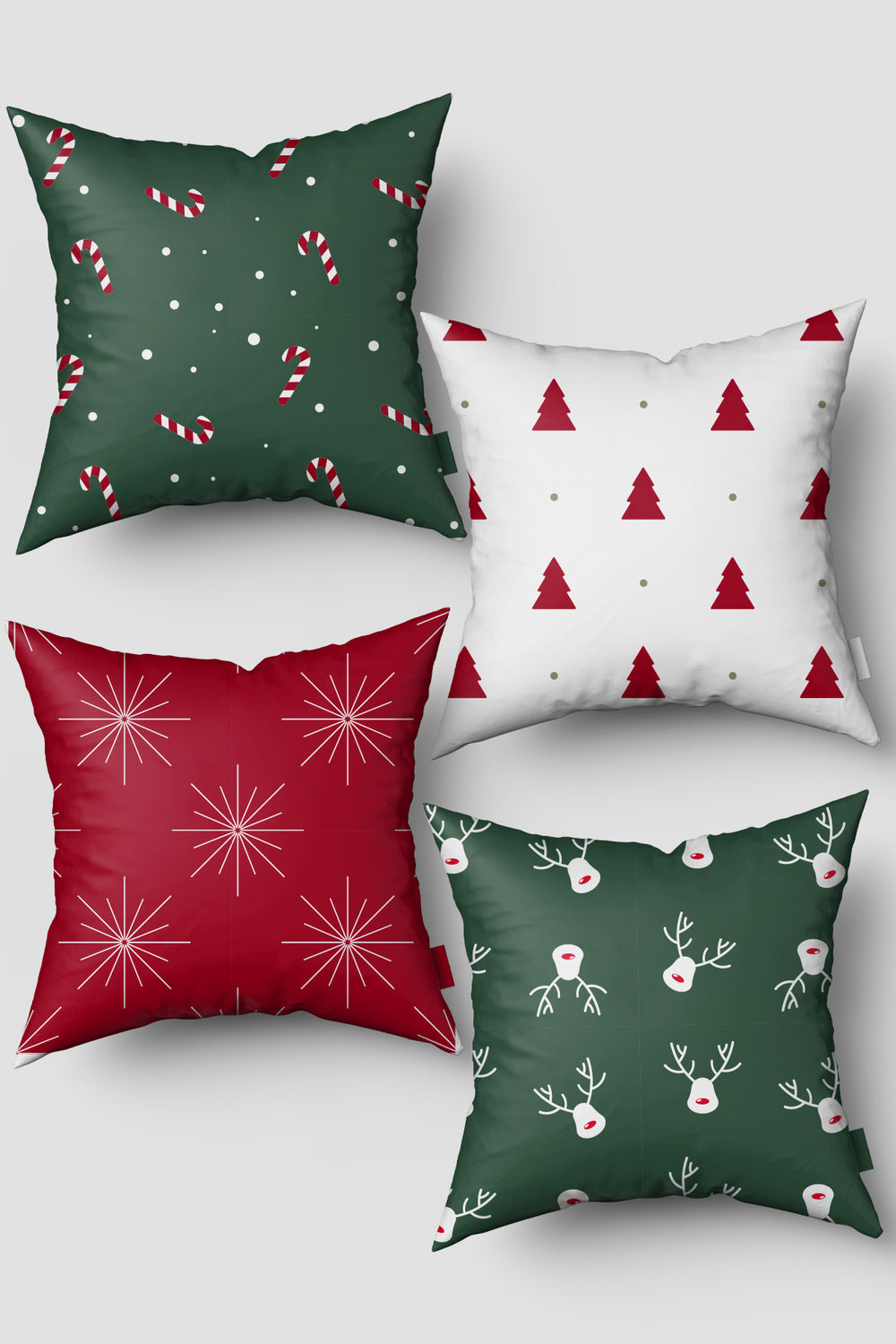 Yeşil Kırmızı Çam Ağacı ve Baston Şeker Yılbaşı 4'lü Kırlent Kılıfı Seti