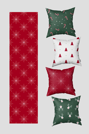 Yeşil Kırmızı Çam Ağacı ve Baston Şeker Yılbaşı 4 Kırlent Kılıfı 1 Runner Seti