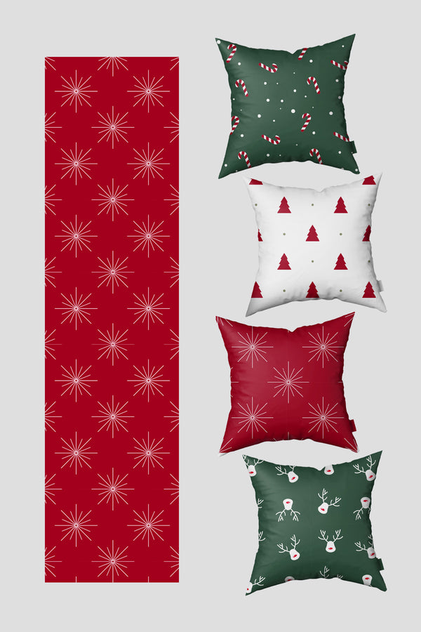 Yeşil Kırmızı Çam Ağacı ve Baston Şeker Yılbaşı 4 Kırlent Kılıfı 1 Runner Seti