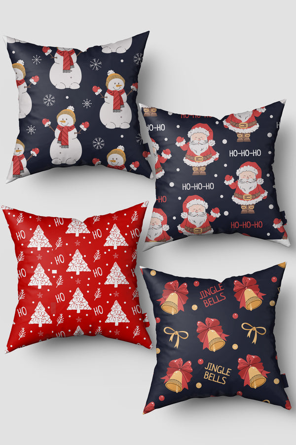 Noel Temalı Mavi Kırmızı Ho Ho Yazılı Yılbaşı 4'lü Kırlent Kılıfı Seti