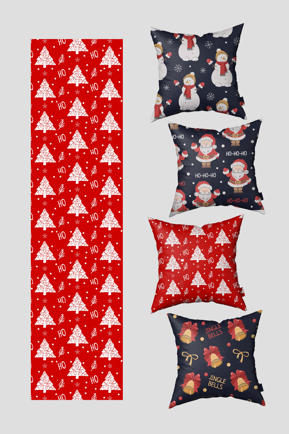 Yeşil Kırmızı Çam Ağacı ve Baston Şeker Yılbaşı 4 Kırlent Kılıfı 1 Runner Seti