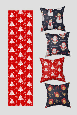 Yeşil Kırmızı Çam Ağacı ve Baston Şeker Yılbaşı 4 Kırlent Kılıfı 1 Runner Seti