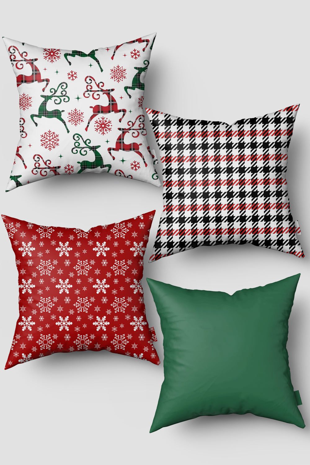 Noel Temalı Yeşil Kırmızı Kazayağı ve Kar Taneleri Yılbaşı 4'lü Kırlent Kılıfı Seti