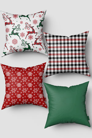 Noel Temalı Yeşil Kırmızı Kazayağı ve Kar Taneleri Yılbaşı 4'lü Kırlent Kılıfı Seti
