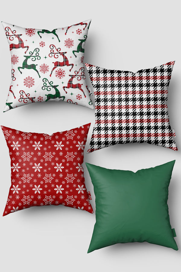Noel Temalı Yeşil Kırmızı Kazayağı ve Kar Taneleri Yılbaşı 4'lü Kırlent Kılıfı Seti