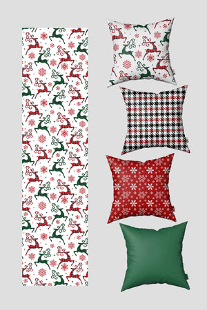 Noel Temalı Yeşil Kırmızı Kazayağı ve Kar Taneleri Yılbaşı 4 Kırlent Kılıfı 1 Runner Seti
