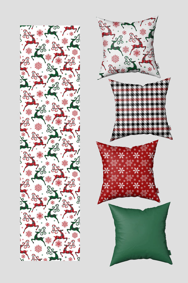 Noel Temalı Yeşil Kırmızı Kazayağı ve Kar Taneleri Yılbaşı 4 Kırlent Kılıfı 1 Runner Seti
