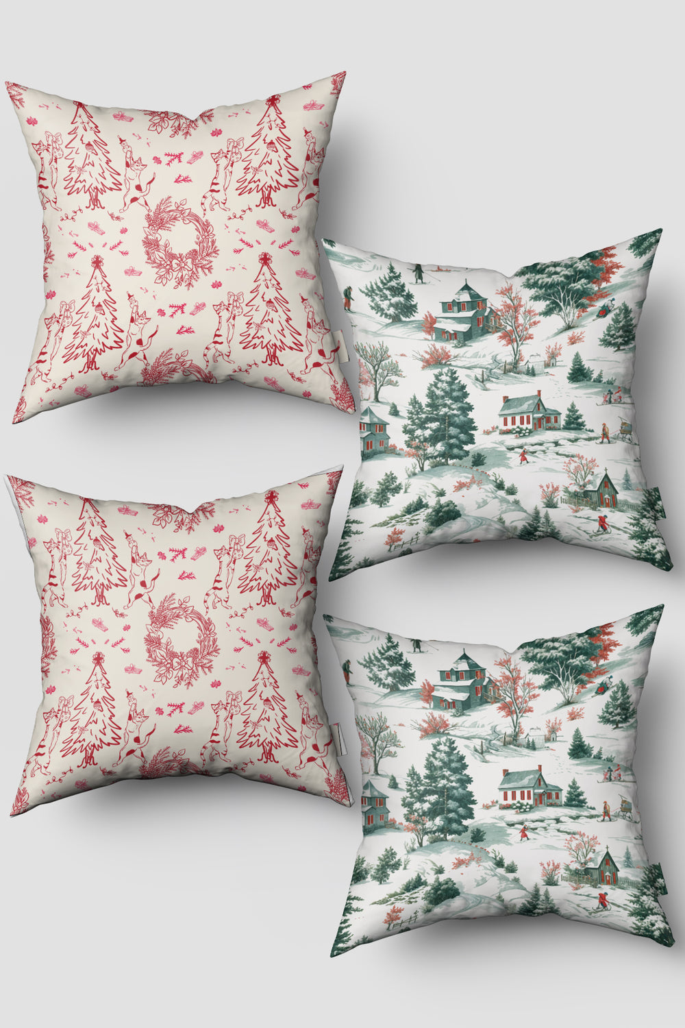 Kırmızı Yeşil Kedi ve Kış Temalı 4'lü Kırlent Kılıfı Seti