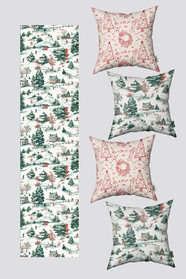 Kırmızı Yeşil Kedi ve Kış Temalı 4 Kırlent Kılıfı 1 Runner Seti