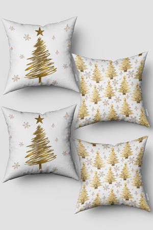 Noel Temalı Beyaz Işıltılı Sarı Çam Ağacı ve Kar Taneleri Yılbaşı 4'lü Kırlent Kılıfı Seti