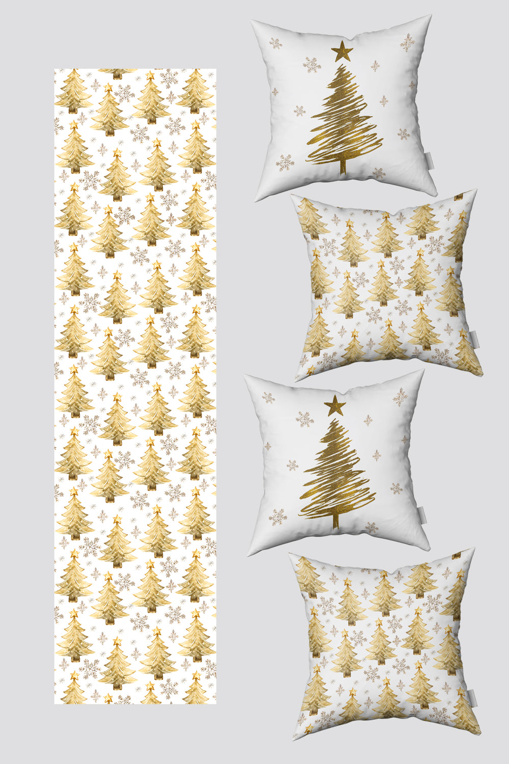 Noel Temalı Beyaz Işıltılı Sarı Çam Ağacı ve Kar Taneleri Yılbaşı 4 Kırlent Kılıfı 1 Runner Seti