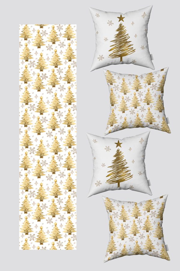 Noel Temalı Beyaz Işıltılı Sarı Çam Ağacı ve Kar Taneleri Yılbaşı 4 Kırlent Kılıfı 1 Runner Seti