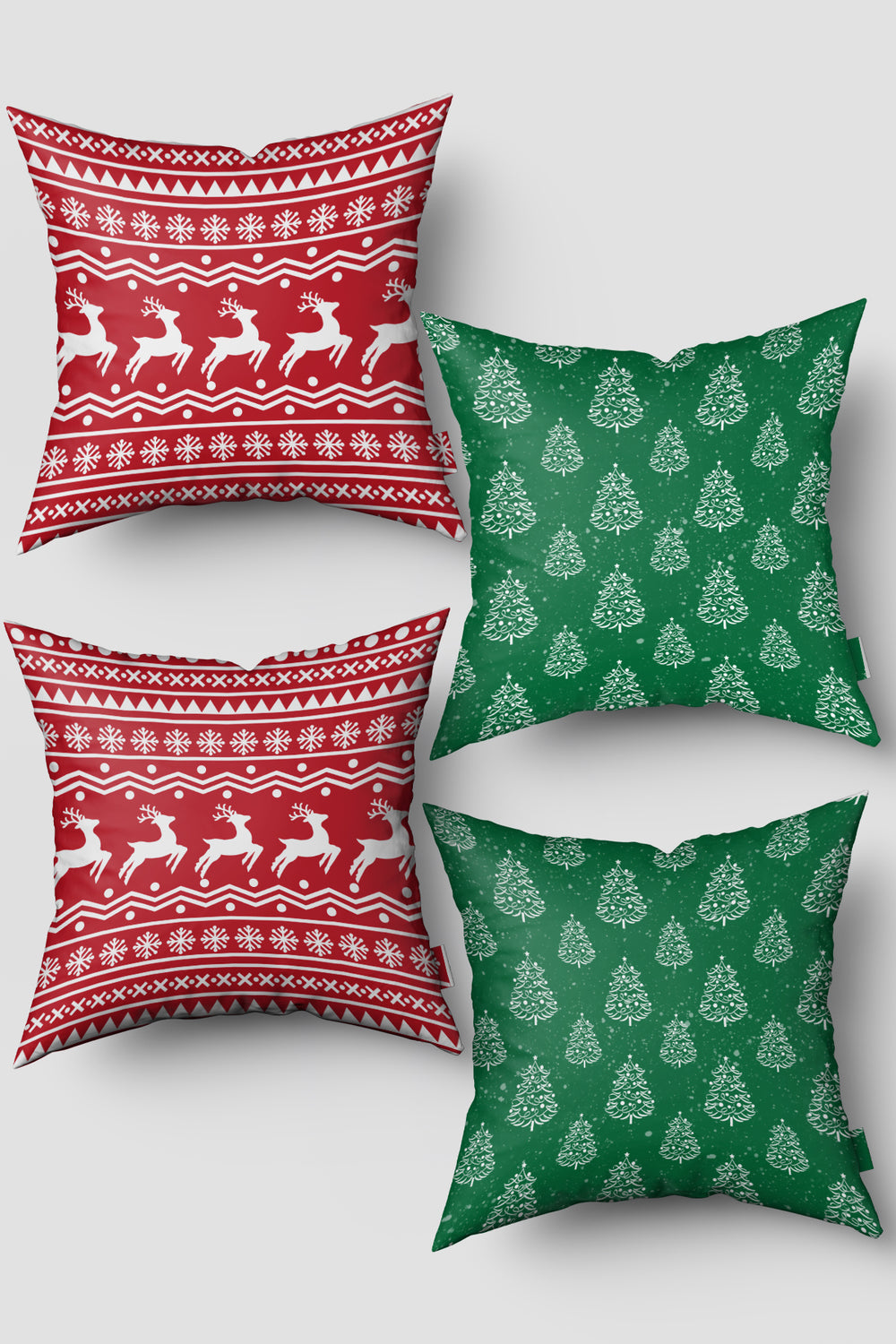 Noel Temalı Yeşil Kırmızı Çam Ağacı ve Ren Geyiği Yılbaşı 4'lü Kırlent Kılıfı Seti