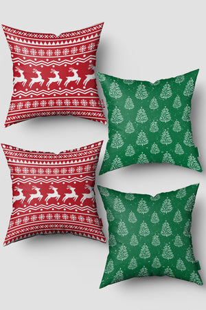 Noel Temalı Yeşil Kırmızı Çam Ağacı ve Ren Geyiği Yılbaşı 4'lü Kırlent Kılıfı Seti