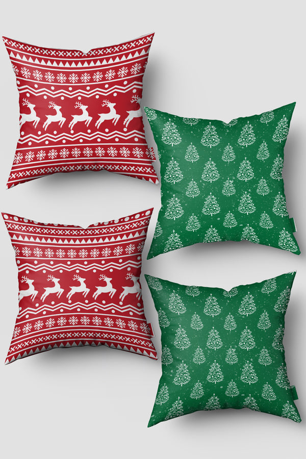 Noel Temalı Yeşil Kırmızı Çam Ağacı ve Ren Geyiği Yılbaşı 4'lü Kırlent Kılıfı Seti