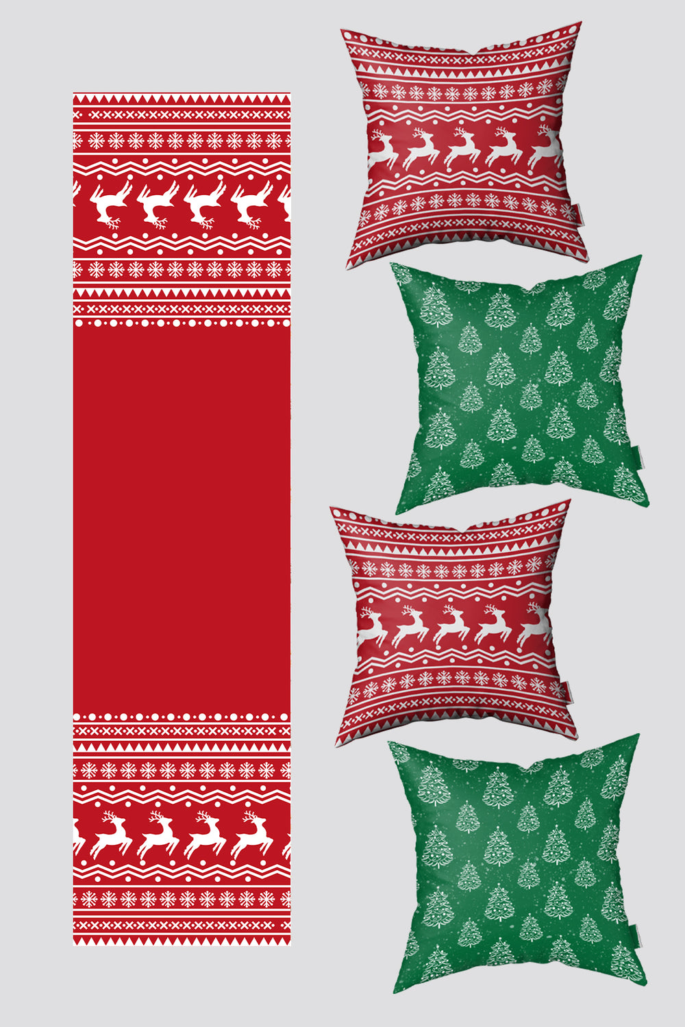 Noel Temalı Yeşil Kırmızı Çam Ağacı ve Ren Geyiği Yılbaşı 4 Kırlent Kılıfı 1 Runner Seti