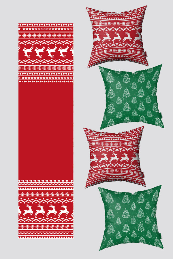 Noel Temalı Yeşil Kırmızı Çam Ağacı ve Ren Geyiği Yılbaşı 4 Kırlent Kılıfı 1 Runner Seti